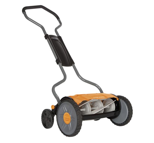 Fiskars Cortacésped manual, Cortacésped cilíndrico con sistema de corte sin fricción de las cuchillas, Largo de corte: 43 cm, StaySharp Plus, Negro/Naranja/Plateado, 1015649