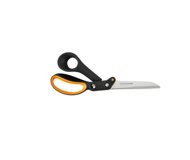 Fiskars Tijeras dentadas Hardware, para Diestros, con Tecnología de aumento de potencia, Longitud: 24 cm, Hoja de acero inoxidable/Mango de Plástico, Negro/Naranja, Amplify, 1020223