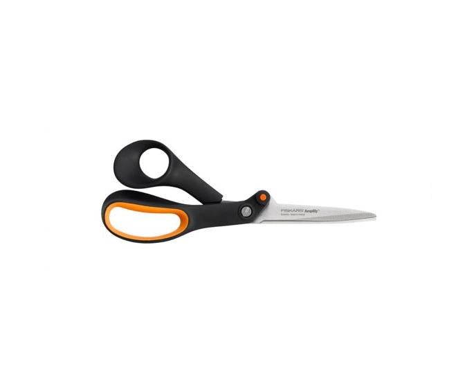 Fiskars Tijeras dentadas Hardware, para Diestros, con Tecnología de aumento de potencia, Longitud: 21 cm, Hoja de acero inoxidable/Mango de Plástico, Negro/Naranja, Amplify, 1020224