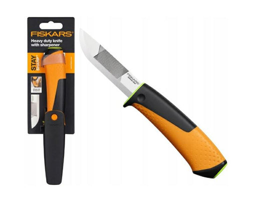 Fiskars Cuchillo de alta resistencia, Incluye funda con afilador, 21,9 cm, Negro/Naranja/Verde, 1023619