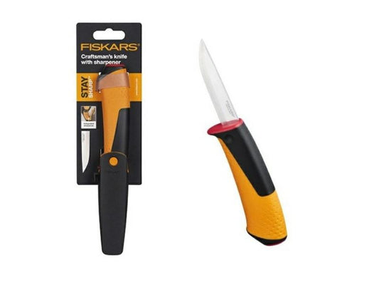 Fiskars Cuchillo para artesanía, Incluye funda con afilador, 20,9 cm, Negro/Naranja/Rojo, 1023620