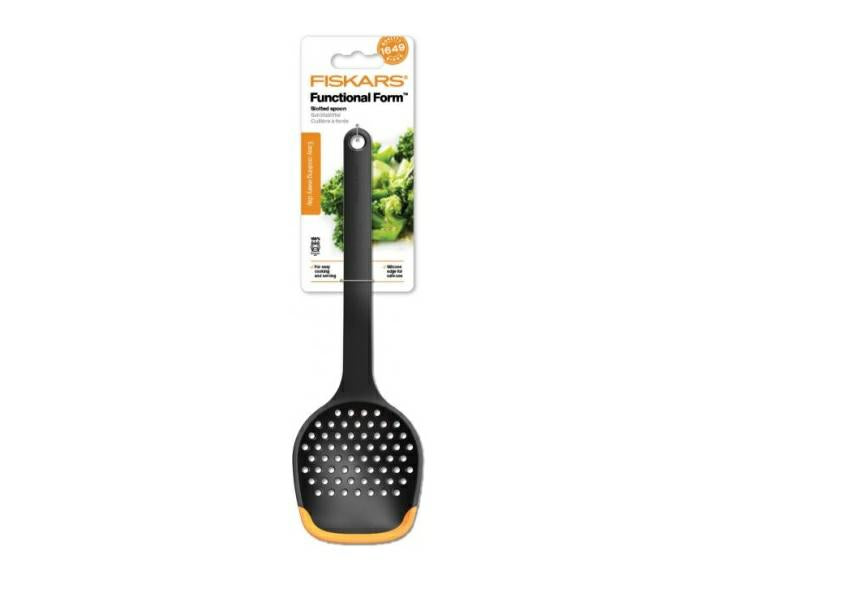 Fiskars 1027302 Cuchara escurridora, 30 cm, Plástico/Silicona, Functional Form, Negro/Naranja