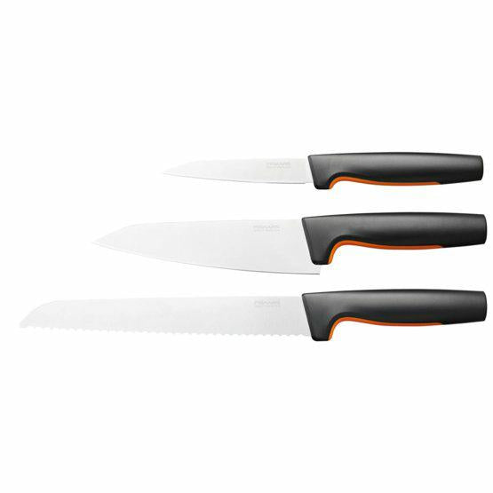 Fiskars Set de Cuchillos de cocina, 3 piezas, Functional Form, Incluye cuchillo de chef (mediano), Cuchillo para verduras, Cuchillo para pan, Acero inoxidable japonés/plástico, 1057559