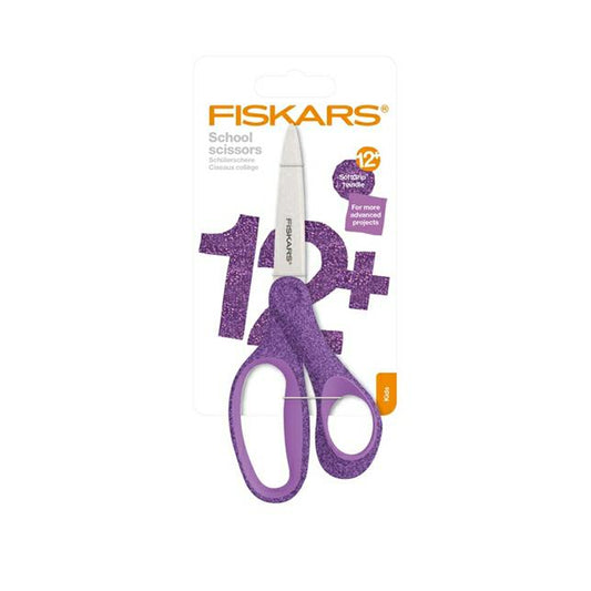 Fiskars Tijeras escolares, Tijeras para niños a partir de 12 años, Para diestros, SoftGrip, Longitud total: 18 cm, Hojas de acero inoxidable, Violeta brillante, 1067860