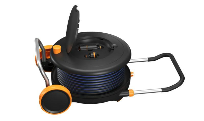 Fiskars Comfort Carro portamanguera Waterwheel L, Set de riego todo incluido, Alcance 31,5 m, Bobinado automático, Manguera de jardín tamaño universal (Ø 13 mm), Conector de grifo universal, 1071670