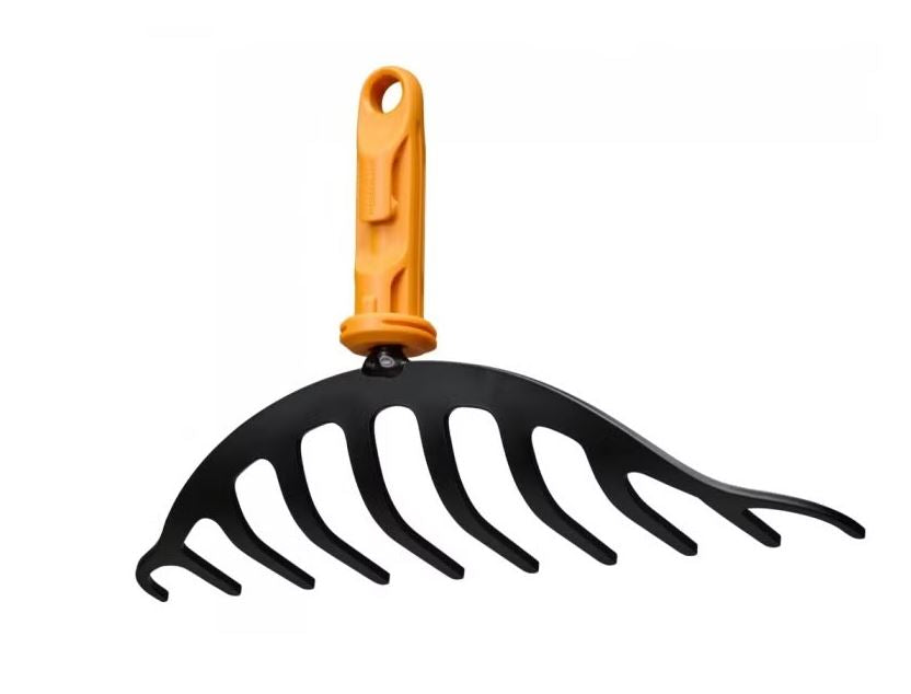 Fiskars OneClick Rastrillo para Rosales, Accesorio de Rastillo Estrecho para Parterres Pequeños, Cambio en 1 Clic, Dientes de Acero al Boro Templado, Negro y Naranja, 1080676