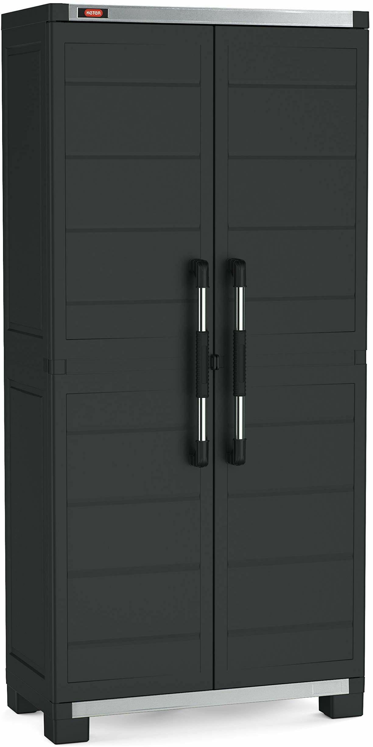 Keter Armario Garaje Alto|Amario Alto de almacenaje|Resina|2 Puertas y 3 baldas Regulables en Altura|Color Negro|173 x 68 x 39 cm