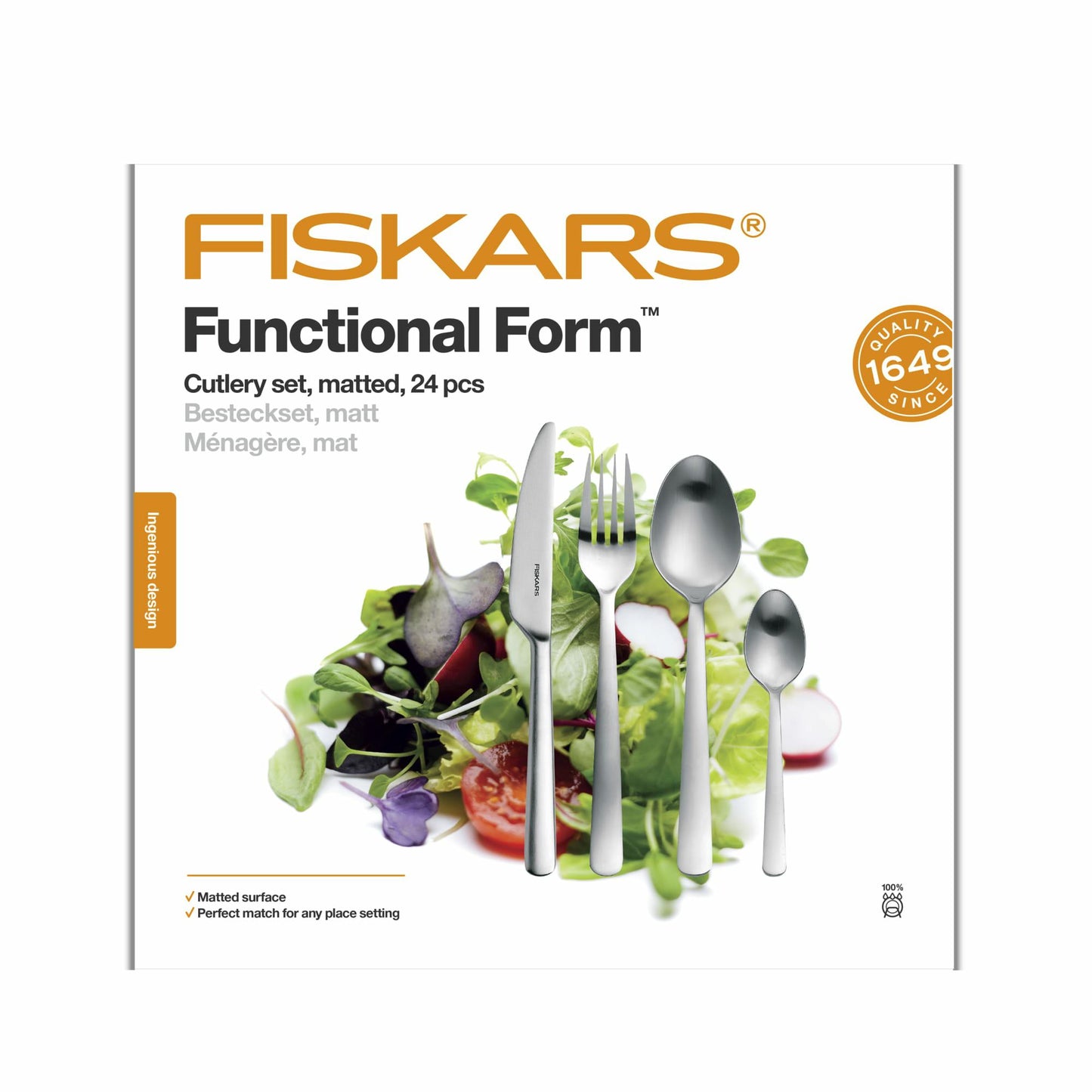 Fiskars Set de Cubiertos, 24 Piezas, Functional Form, 6 Cuchillos, 6 Tenedores, 6 Cucharas y 6 Cucharitas, Acero Inoxidable 18/10, Plata/Mate, Caja de Regalo, 1071624