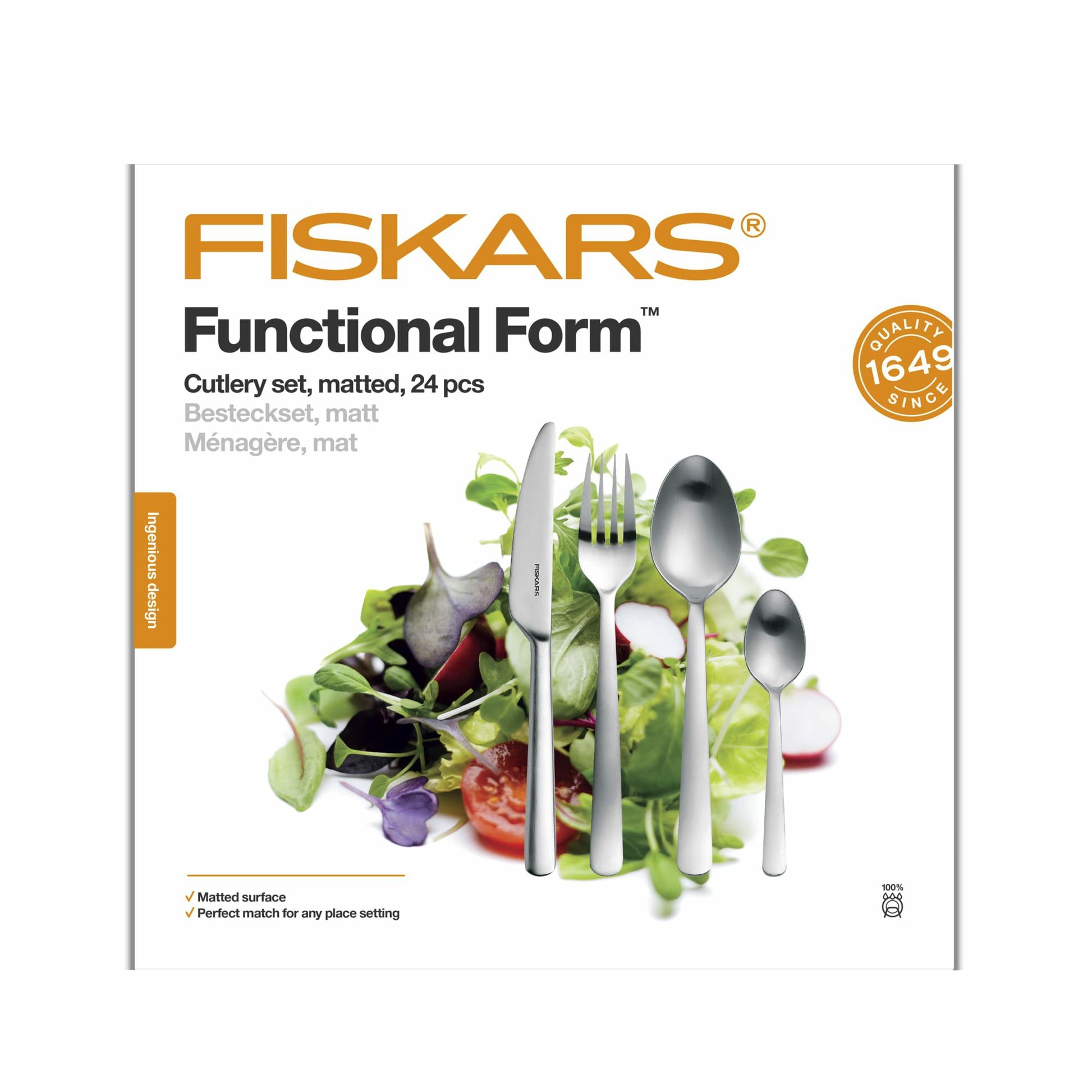 Fiskars Set de Cubiertos, 24 Piezas, Functional Form, 6 Cuchillos, 6 Tenedores, 6 Cucharas y 6 Cucharitas, Acero Inoxidable 18/10, Plata/Mate, Caja de Regalo, 1071624