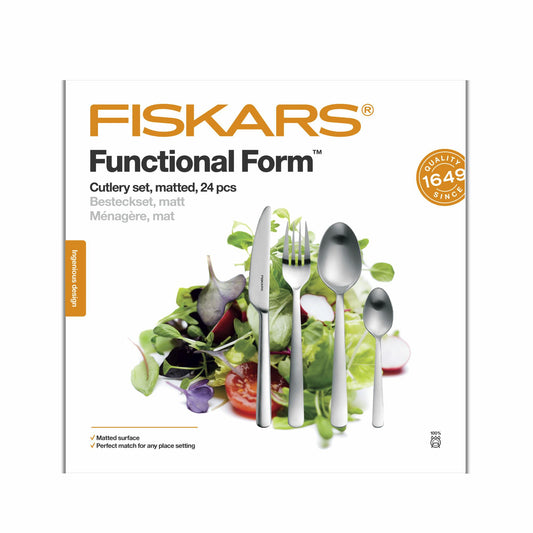 Fiskars Set de Cubiertos, 24 Piezas, Functional Form, 6 Cuchillos, 6 Tenedores, 6 Cucharas y 6 Cucharitas, Acero Inoxidable 18/10, Plata/Mate, Caja de Regalo, 1071624