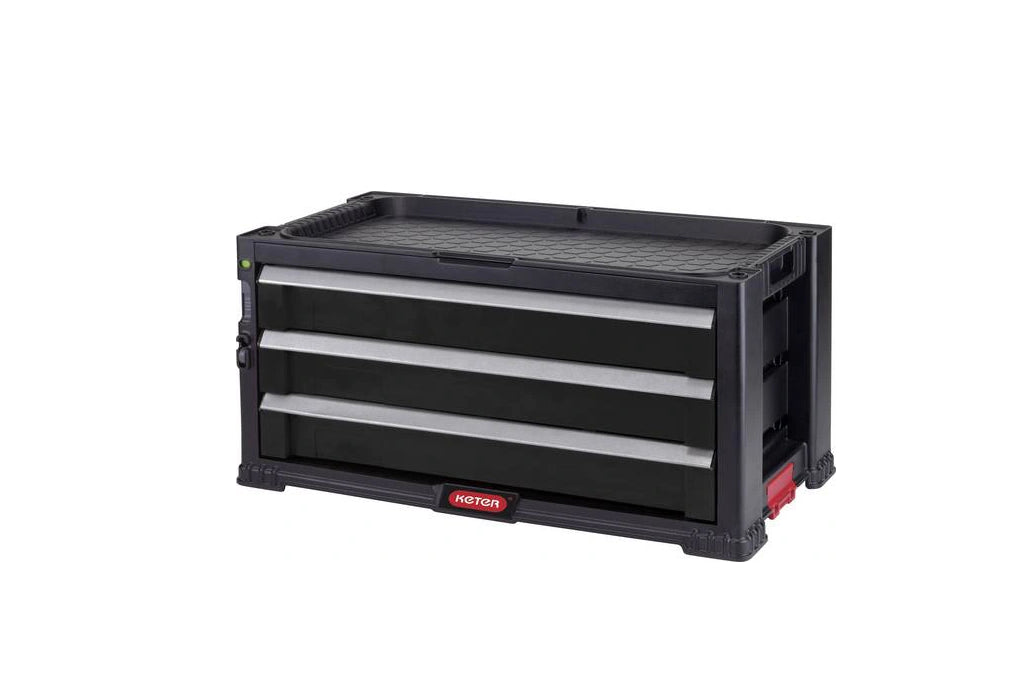 Keter - Juego de 3 cajones extensible para herramientas pequeñas y grandes, ruedas giratorias extraíbles con frenos, cierre centralizado, 56,2 x 28,9 x 26,2 cm, color negro