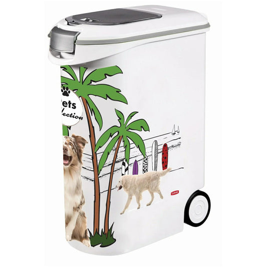 Curver - Contenedor de croquetas para perros (20 kg/54 L, gran almacenamiento hermético antiolores, para comida para perros, contenedor con ruedas, 28 x 49 x 61 cm)