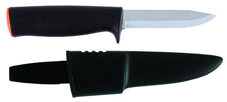 Fiskars Cuchillo universal para jardín y exteriores, Funda de plástico incluida, Longitud: 22,5 cm, Negro/Naranja, K40, 1001622