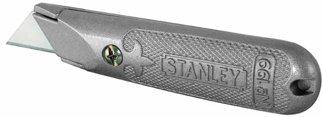 STANLEY Cuchillo 199 de Hoja Fija Metálico, Hoja Retráctil, Cuerpo de Zinc, Resorte Interno de Acero, Incluye 3 Hojas de Recambio, Longitud 140mm, 2-10-199