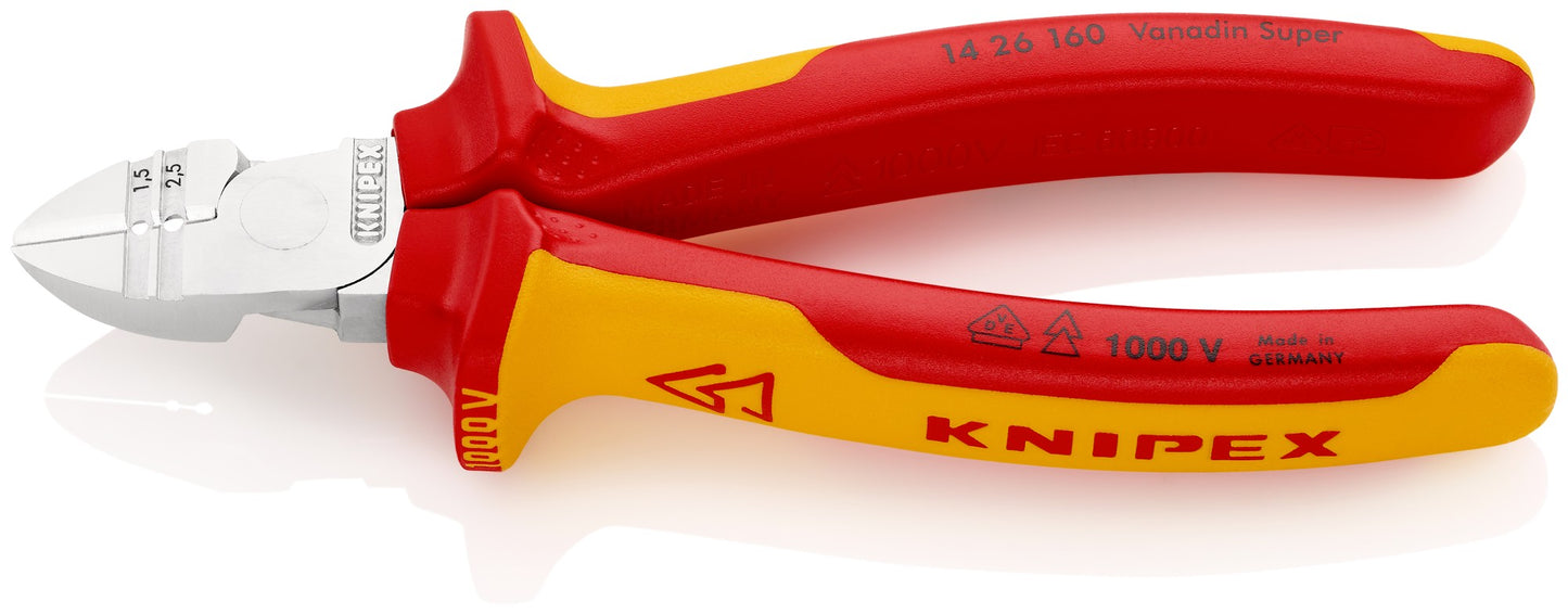 Knipex 14 26 160 - Knipex VDE insulated diagonal cutting pliers 160 mm. with wire stripper profile on the edges of two-component handles