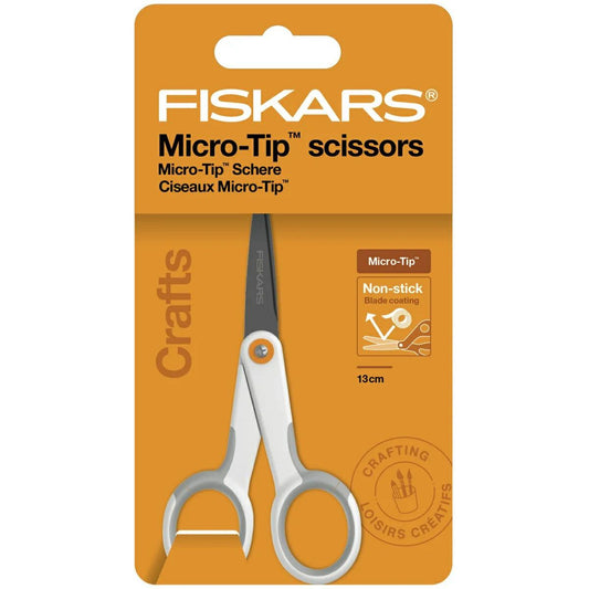 Fiskars Tijeras Micro-Tip para Materiales de Manualidades Adhesivos, Recubrimiento Antiadherente, 12,3 cm, Acero Inoxidable/Plástico, Blanco/Naranja, 1070025