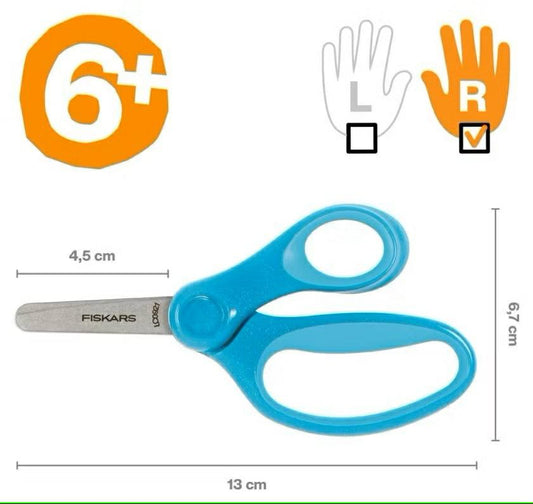 Fiskars Tijeras para niños, A partir de 6 años, Longitud: 13 cm, Para diestros y zurdos, Hoja metálica/mangos de plástico, Azul, Purpurina, 1064073