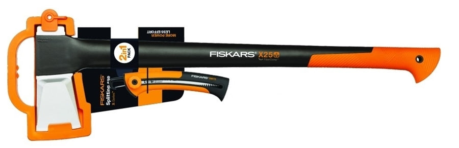 Fiskars Set de herramientas, Hacha de corte, Incl. protector de hoja, Acero/plástico, y Sierra de mano para madera fresca, Retráctil, Hoja de sierra de acero inoxidable, Negro/Naranja, 1025437
