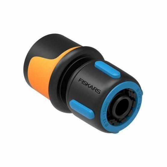 Fiskars Conexión para mangueras, Puntos de contacto SoftGrip, Tamaño universal, Ø 1,3-1,5 cm (1/2-5/8''), 30 g, Negro/naranja/azul, 1027072