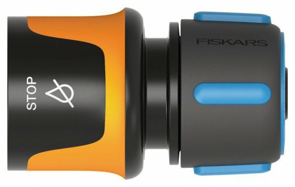 Fiskars Conector de manguera, Tamaño universal, Ø 13-15 mm (1/2 - 5/8"), Puntos de contacto SoftGrip, 30 g, Negro/Naranja/Azul, STOP, 1027079