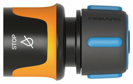 Fiskars Conector de manguera, Tamaño universal, Ø 13-15 mm (1/2 - 5/8"), Puntos de contacto SoftGrip, 30 g, Negro/Naranja/Azul, STOP, 1027079