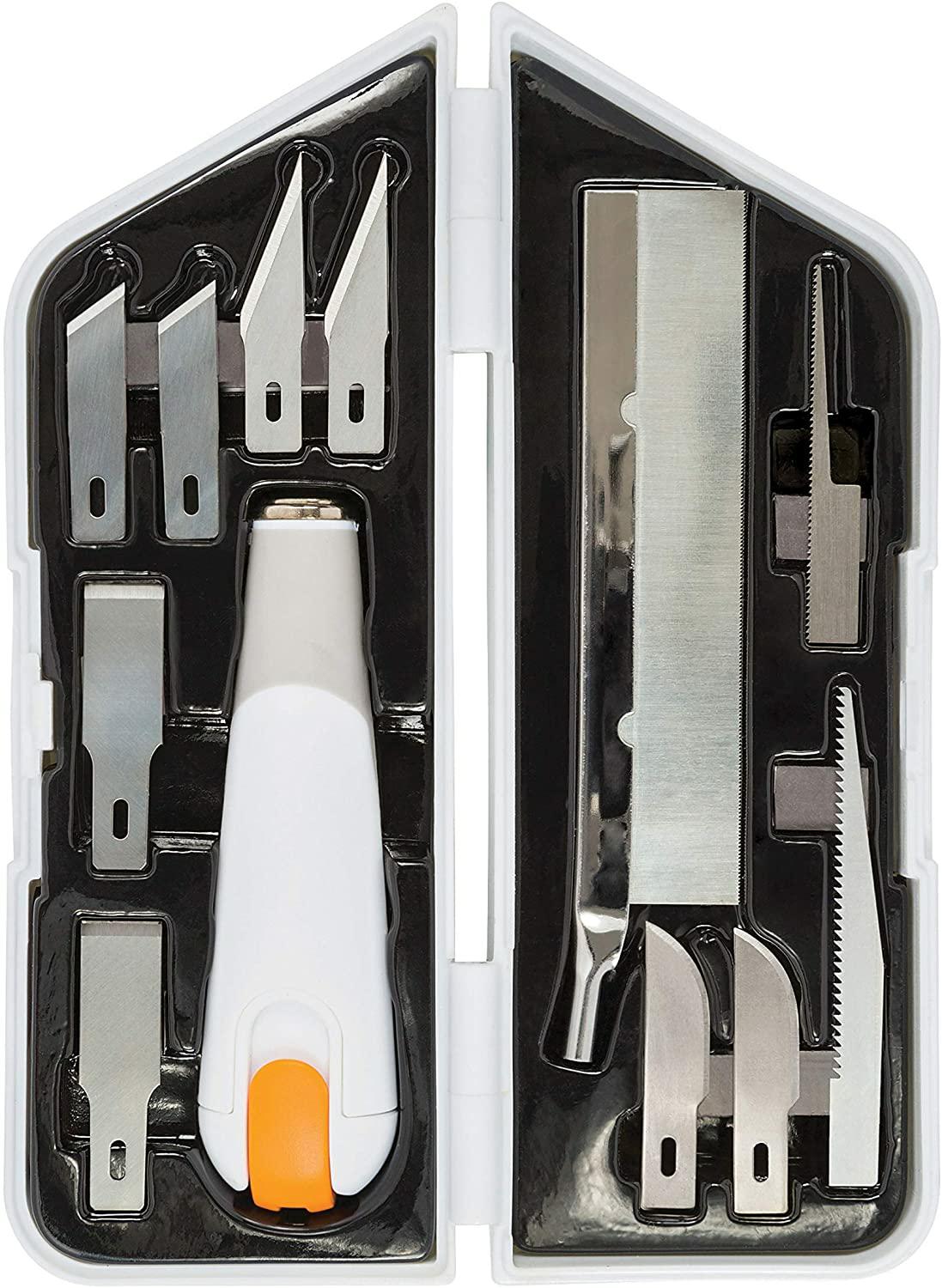 Fiskars Kit Universal para Esculpir, Cincelar y Serrar, Cúter de Precisión y Set de Cuchillas, Longitud total: 21 cm, Acero de calidad/Plástico, Blanco/Naranja, Premium, 1024385