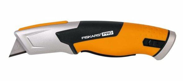 Fiskars Pro Cúter de seguridad con hoja retráctil, Longitud 17,7 cm, Acero inoxidable/plástico, Negro/naranja, CarbonMax, 1062938