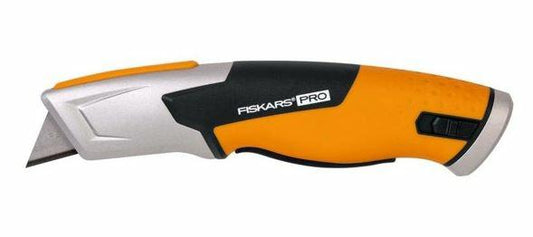 Fiskars Pro Cúter de seguridad con hoja retráctil, Longitud 17,7 cm, Acero inoxidable/plástico, Negro/naranja, CarbonMax, 1062938