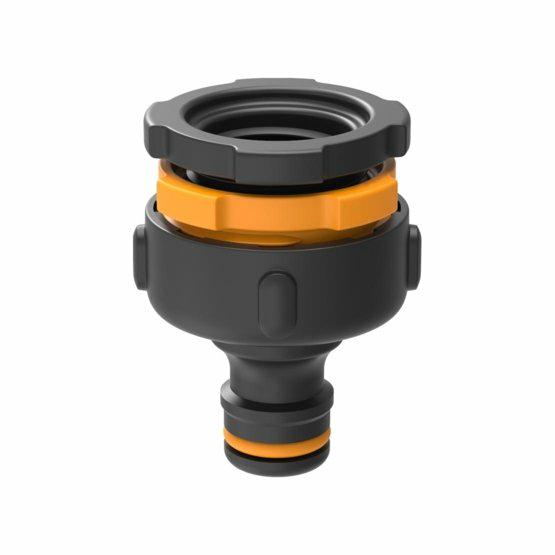 Fiskars Conector para grifos Multi, Rosca interior para varios tamaños de grifo, Para tres tamaños de rosca Ø 21 mm (1/2"), Ø 26,5 mm (3/4") y Ø 33,3 mm (1"), 17 g, Negro/Naranja, 1027051