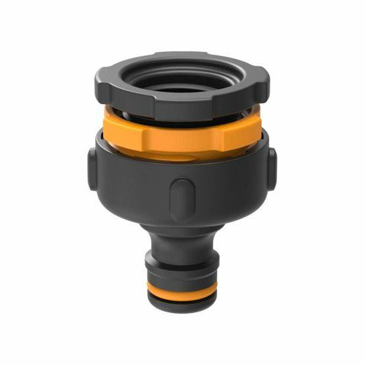 Fiskars Conector para grifos Multi, Rosca interior para varios tamaños de grifo, Para tres tamaños de rosca Ø 21 mm (1/2"), Ø 26,5 mm (3/4") y Ø 33,3 mm (1"), 17 g, Negro/Naranja, 1027051