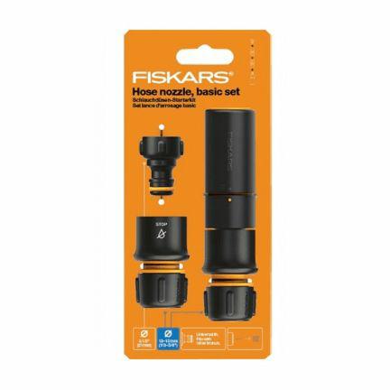 Fiskars Boquilla de manguera: kit básico, Solid, SoftGrip, Con boquilla de manguera, conector de grifo y conectores de manguera, Ø 1,3-1,5 cm (1/2-5/8''), Negro/Naranja, 1027090