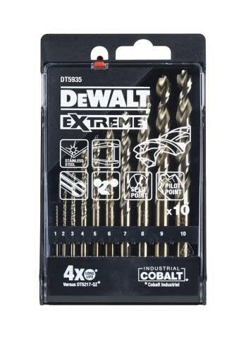 DEWALT DT5935-QZ - Juego de brocas de metal Extreme Kobalt de 10 piezas (1-10mm, para acero de alta aleación y metal, con mango antideslizante y punta "No-Walk", incluye estuche de almacenamiento).