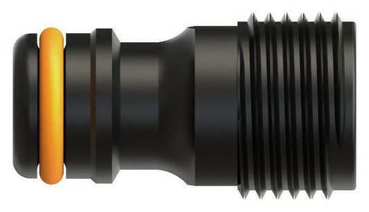Fiskars Conector de grifo, Para grifos de agua, Rosca exterior Ø 21 mm (G 1/2"), Tamaño universal, 10 g, Negro/Naranja, 1027060