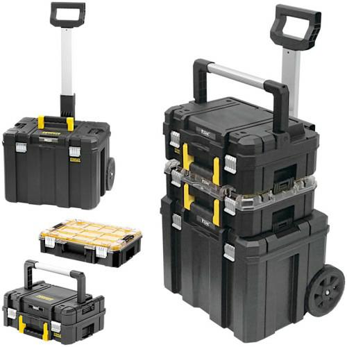 STANLEY FATMAX Conjunto Pro-Stack 3 Piezas, Maleta con Asa de Aluminio, Organizador Transparente, Base con Ruedas, Almacenaje Móvil, Negro, 51.2x70.8x43.5 cm, FMST1-80103
