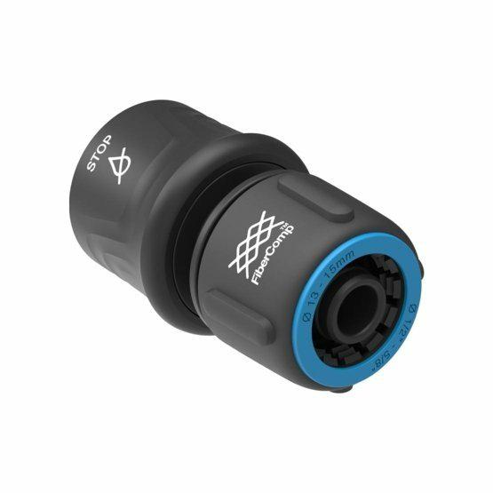 Fiskars Conector de manguera, Tamaño universal, Ø 13-15 mm (1/2 - 5/8"), FiberComp, 30 g, Negro/Azul, STOP, 1054789