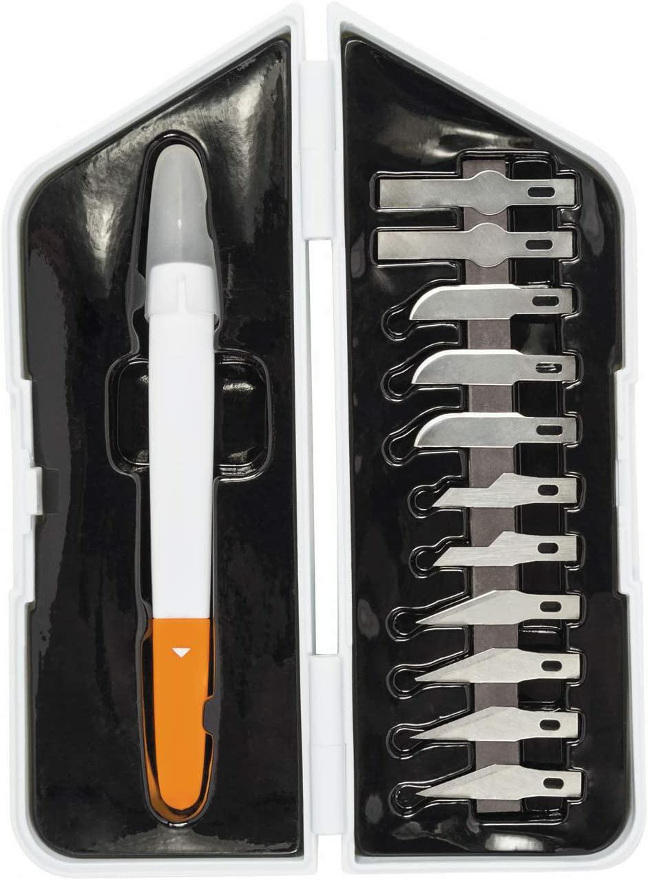 Fiskars Kit Premium de precisión, Cúter de precisión y Set de 13 Cuchillas, Longitud total: Cúter: 21 cm, Incl. 12 Cuchillas, Acero /Plástico, Blanco/Naranja, 1024384