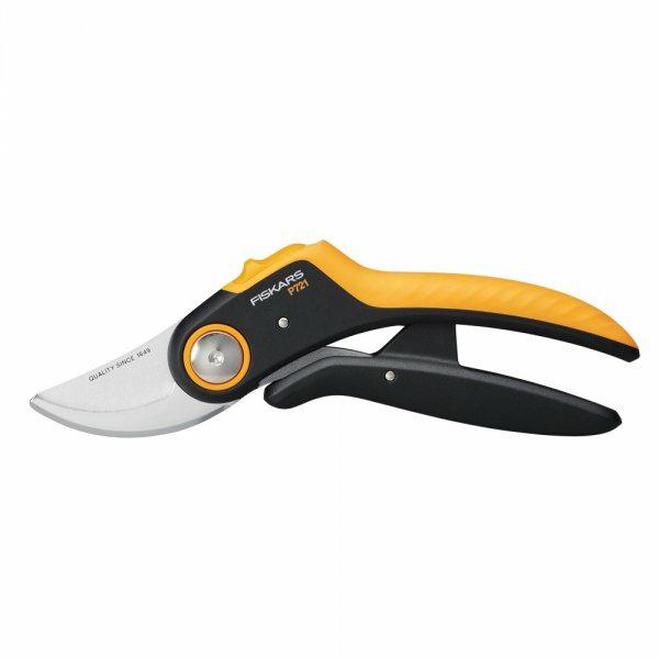 Fiskars Tijeras de jardín Plus, PowerLever, P721, Para ramas frescas y ramitas, Recubrimiento antiadherente, Cuchillas de acero inoxidable, Longitud: 21 cm, Negro/Naranja, 1057170