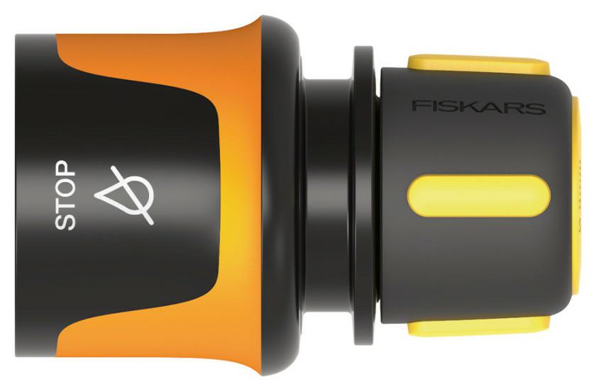 Fiskars Conector de manguera, Tamaño universal, Ø 9 mm (3/8"), Puntos de contacto SoftGrip, 30 g, Negro/Naranja/Amarillo, STOP, 1027078