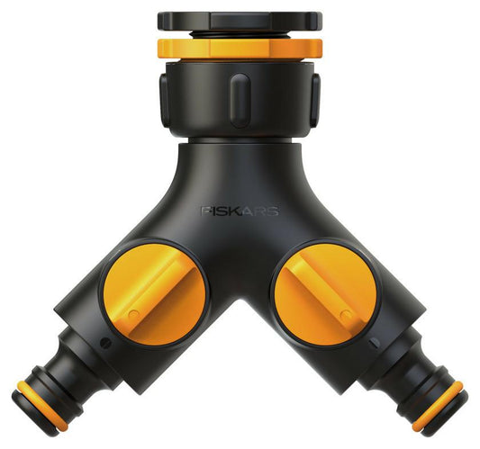 Fiskars Adaptador de grifo doble salida Multi, Con válvula on/off, Para tres tamaños de rosca Ø 21 mm (1/2"), Ø 26,5 mm (3/4") y Ø 33,3 mm (1"), 85 g, Negro/Naranja, 1027061