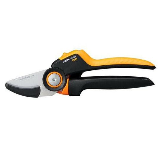 Fiskars Tijeras de jardín yunque, X-series PowerGear, P941, Mango giratorio, Para ramas secas, Recubrimiento antiadherente, Cuchillas acero inoxidable, Longitud: 22,2 cm, Negro/naranja, 1057174