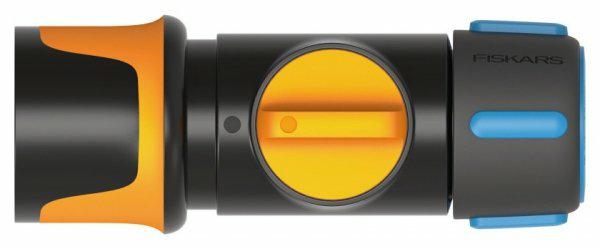 Fiskars Conexión para mangueras ON/OFF, Puntos de contacto SoftGrip, Tamaño universal, Ø 1,3-1,5 cm (1/2-5/8''), 65 g, Negro/naranja/azul, 1027086