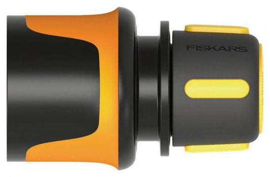 Fiskars Conector de manguera, Tamaño universal, Ø 9 mm (3/8"), Puntos de contacto SoftGrip, 30 g, Negro/Naranja/Amarillo, FLOW, 1027071