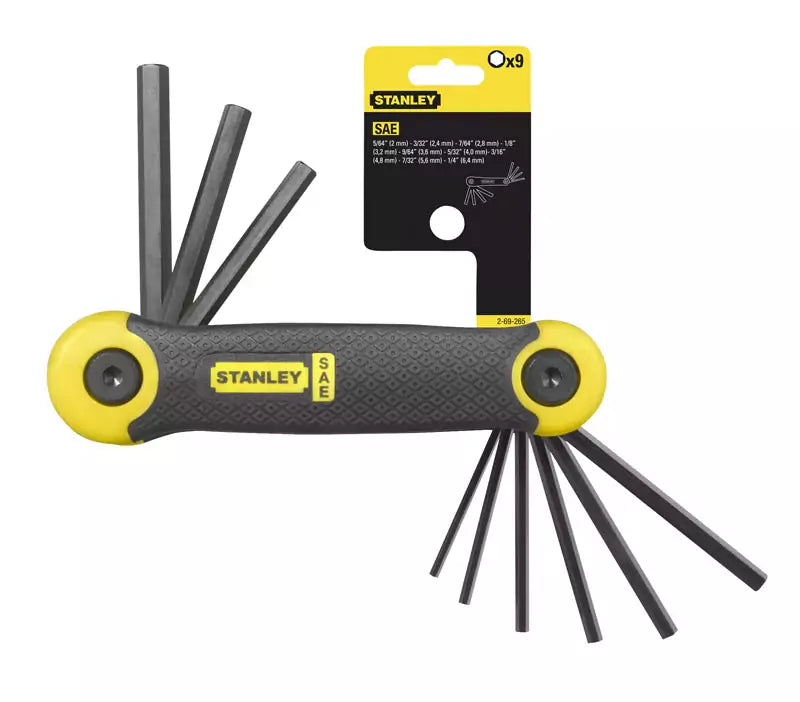 STANLEY Juego de 9 Llaves Hexagonales en Pulgadas (5/64'' - 1/4''), Cuerpo Ergonómico Recubierto de Caucho, Puntas Biseladas, Acabado en Fosfato Negro, 2-69-265
