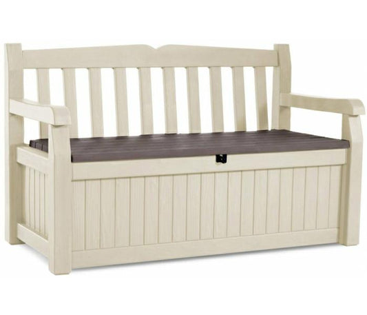 Keter Eden - Banco arcón Exterior, Baúl almacenaje, Capacidad 265L, Resina, Color Marrón y Beige, Ordenación jardín y terraza, 140 x 60 x 84 cm