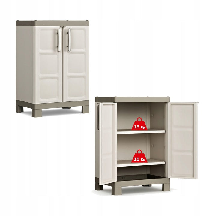 Keter Armario Excellence Bajo|Armario Bajo de almacenaje|Resina|2 Puertas y 2 baldas Regulables en Altura|Color Arena/Gris|97 x 65 x 45 cm