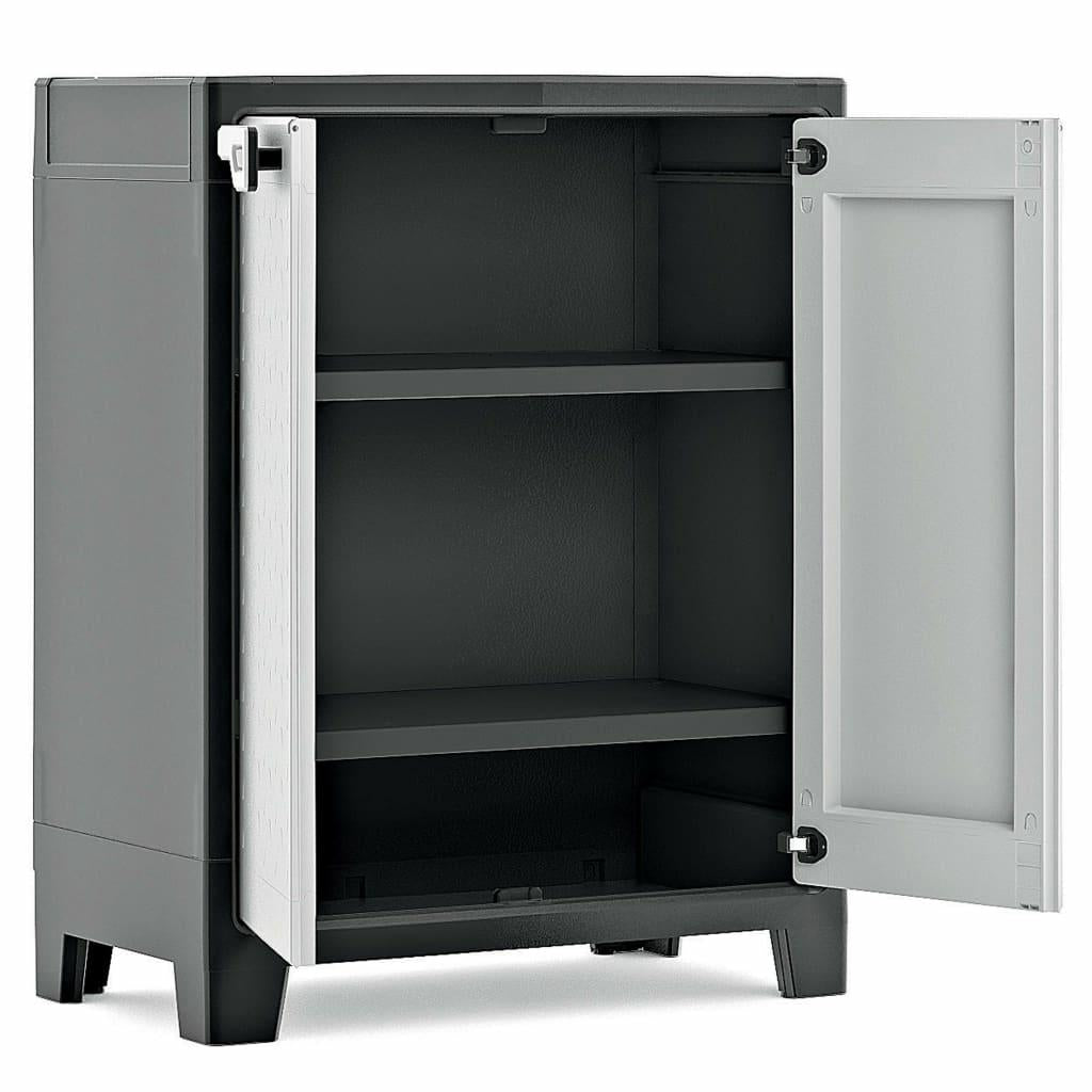 Keter Armario Titan Bajo|Almacenaje Interior y Exterior|Resina|Resistente al Agua con 2 Puertas y 2 Baldas regulables en altura|Color Negro/Gris|80 x 44 x 182 cm