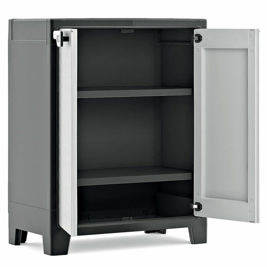 Keter Armario Titan Bajo|Almacenaje Interior y Exterior|Resina|Resistente al Agua con 2 Puertas y 2 Baldas regulables en altura|Color Negro/Gris|80 x 44 x 182 cm