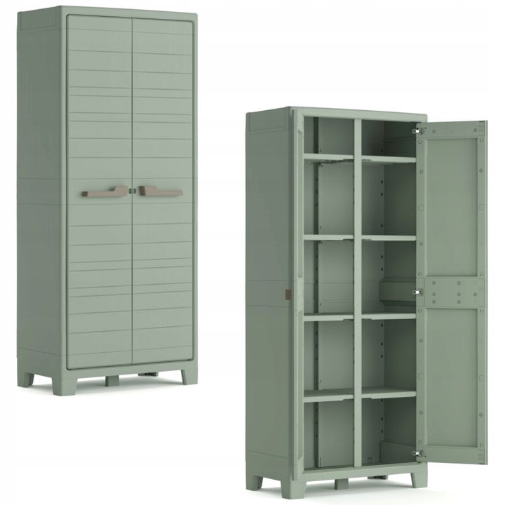 Keter Armario Planet Outdoor Multispace|Almacenaje Interior y Exterior|Resina|Resistente al Agua con 2 Puertas y 8 Baldas Regulables en Altura|Color Verde|80 x 44 x 182 cm