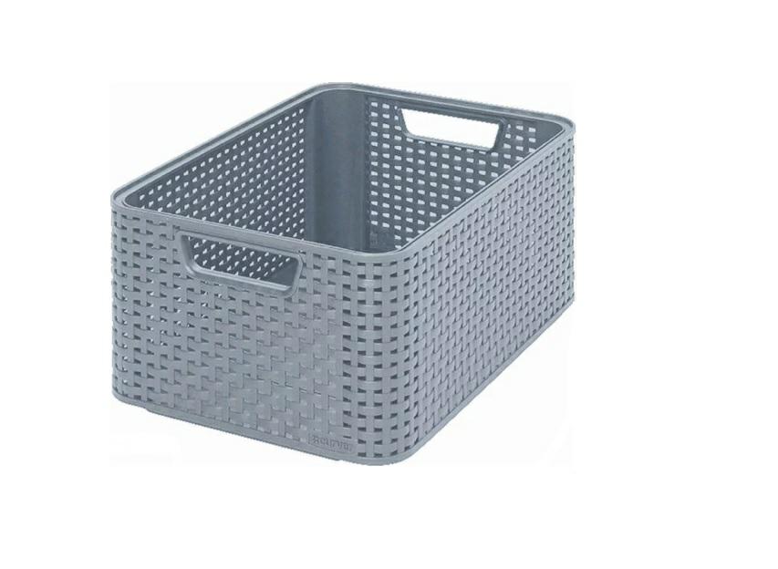 Curver Caja de almacenaje Style M 38,6 x 28,7 x 17 cm, plástico, aspecto de ratán, con asas, color gris claro