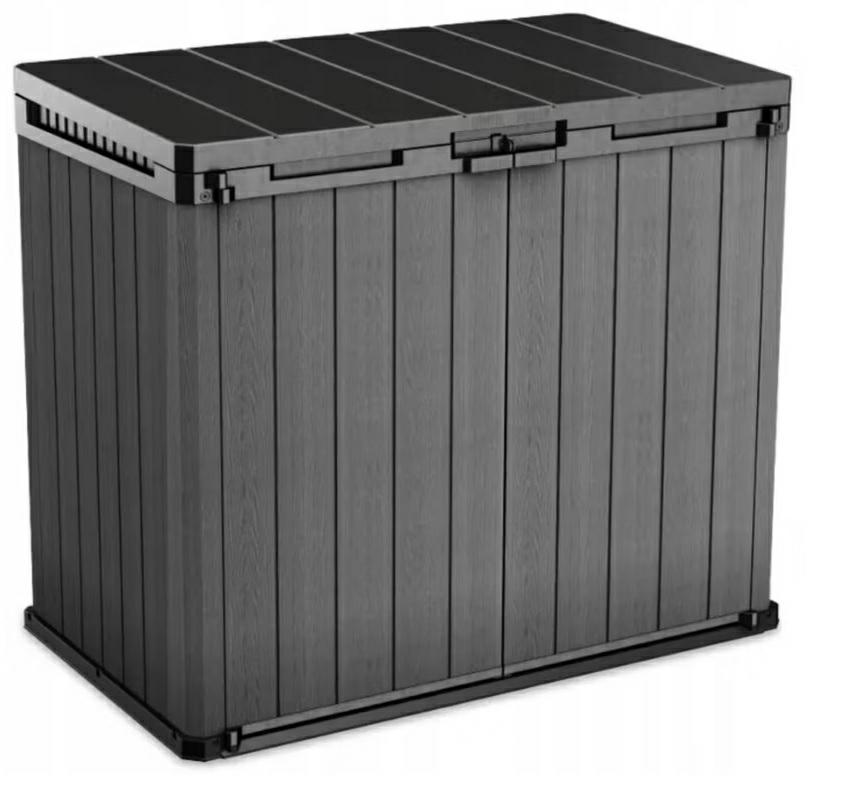 Keter Store-It-Out Darwin - Armario de almacenamiento (1150 L, resistente a la intemperie, aspecto de madera, caja de jardín con cierre, para 2 toneladas de 240 L, 141 x 82 x 118 cm), color gris